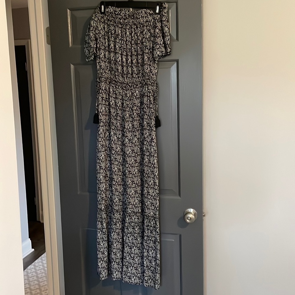 1. State black and white printed off the shoulder maxi dress; size S